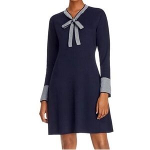 Nanette Lepore Luciana Knit Navy Blue Tie Long Sleeve Dress Size L NWT
